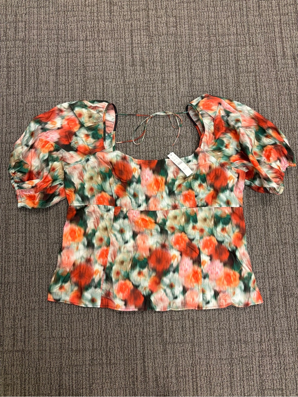 J. Crew Floral Puff-Sleeve Square Neck Top — Orange & Green